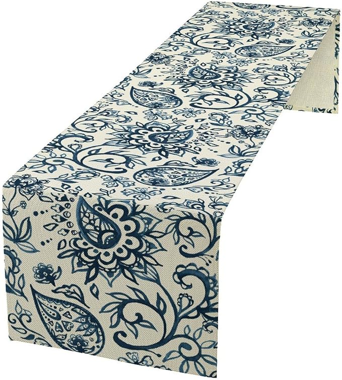Blue Paisley Table Runner, Vintage Damask Antique Floral Flower Boho Damask Swirled Rustic Coffee Table Center Decor for Family Kitchen and Living Room Outdoor Table Decorations, 13"x72"