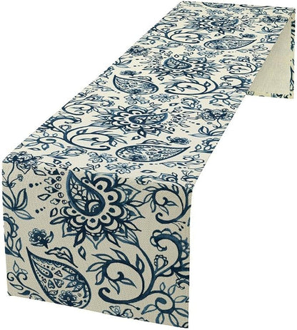 Blue Paisley Table Runner, Vintage Damask Antique Floral Flower Boho Damask Swirled Rustic Coffee Table Center Decor for Family Kitchen and Living Room Outdoor Table Decorations, 13"x108"