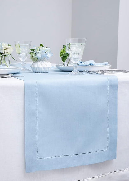 Solino Home Linen Sky Blue Table Runner 132 Inches Long - 100% Pure Linen Extra Long Table Runner 14 x 132 Inch for Spring, Easter - Classic Hemstitch