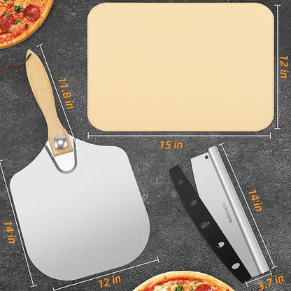 Pizza Stone 5 PCS Set, 15 x 12" Large Rectangle Pizza Stone Set for Oven and Grill with Metal Pizza Peels & Cutter Rocker, 0.6'' Thickened Stone Pizza Pan, Baking Stone for Pizza, Bread