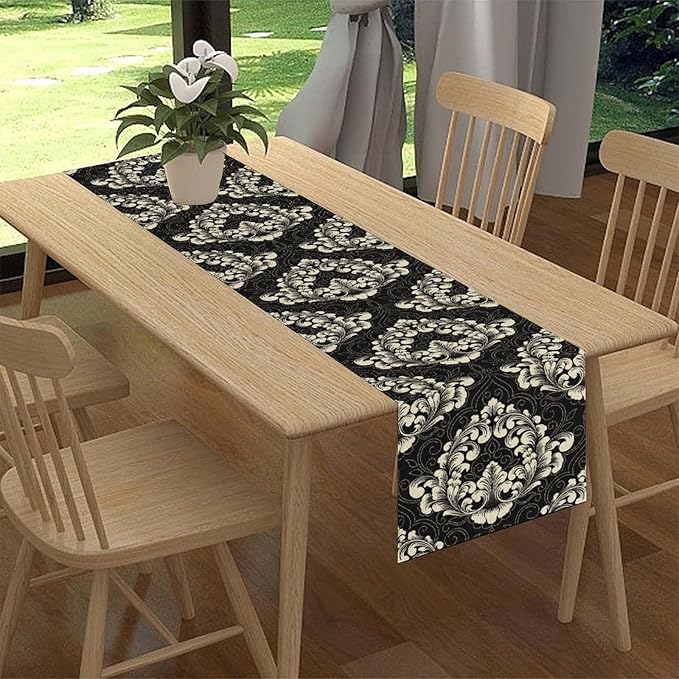 Gothic Table Runner, Retro Black Damask Baroque Style Floral Bohemian Exotic Coffee Vintage Table Center Decor for Kitchen and Dining Outdoor Home Country Party Table Decorations, 13"x36"