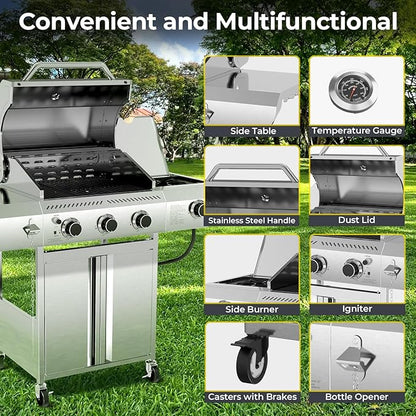 R.W.FLAME 3-Burner Propane Gas Grill With Sider Burner, Stainless Steel Propane Grill 34,000BTU, Multifunction & Protable Outdoor Barbecue Grill with Casters for Camping & Parties