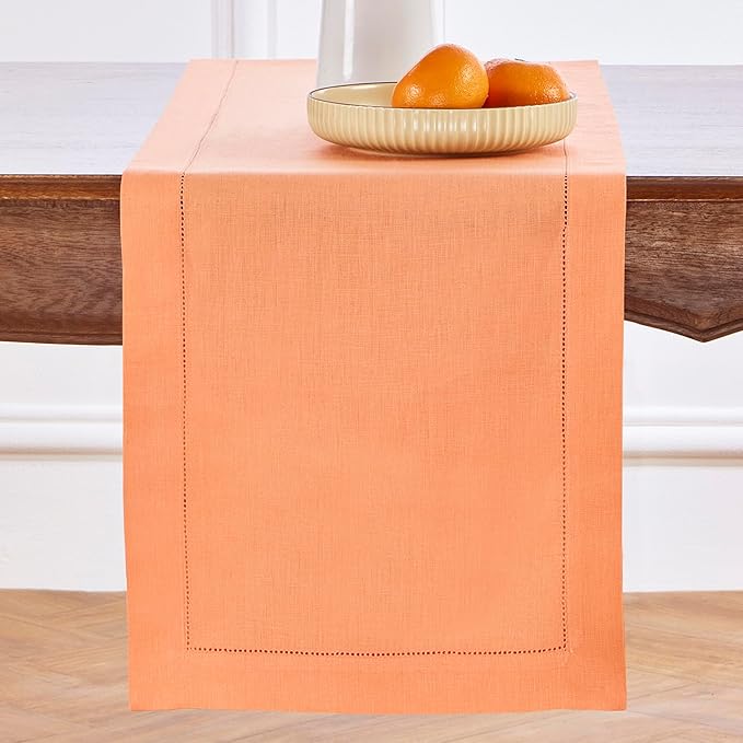 Solino Home Linen Coral Table Runner 72 Inches Long - 100% Pure Linen Hemstitch Table Runner 14 x 72 Inch for Dresser, Dining, Valentines, Spring, Easter - Classic Hemstitch