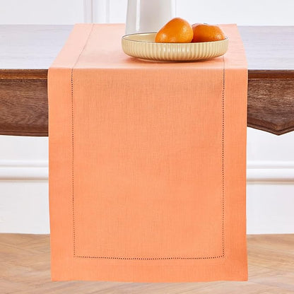Solino Home Linen Coral Table Runner 132 Inches Long - 100% Pure Linen Extra Long Table Runner 14 x 132 Inch for Valentines, Spring, Easter - Classic Hemstitch