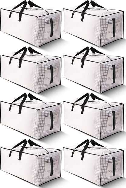 8 Pack Large Strong Moving Bags with Zippers & Carrying Handles - Water-Resistant - Heavy Duty Storage Tote for Space Saving, Fold Flat, Alternative to Moving Box (Semi-Transparent)