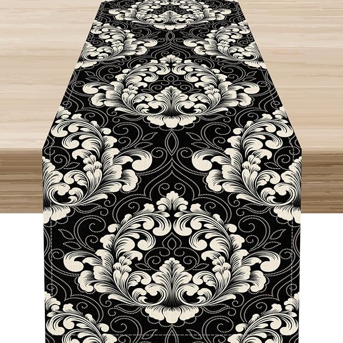 Gothic Table Runner, Retro Black Damask Baroque Style Floral Bohemian Exotic Coffee Vintage Table Center Decor for Kitchen and Dining Outdoor Home Country Party Table Decorations, 13"x36"