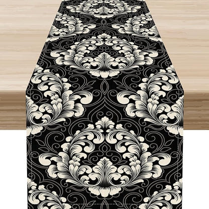 Gothic Table Runner, Retro Black Damask Baroque Style Floral Bohemian Exotic Coffee Vintage Table Center Decor for Kitchen and Dining Outdoor Home Country Party Table Decorations, 13"x36"
