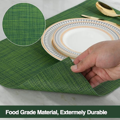 SLKQG Green Christmas Placemats Set of 4 - Wipe Clean Vinyl Placemats - Washable Heat Resistant PVC Placemats for Dining Table - 17x12 Inch (Green, 4)