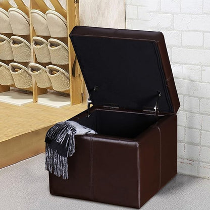 Homebeez Faux Leather Storage Ottoman Square Footrest Stool Cube Bench Ottoman (Reddish Brown)