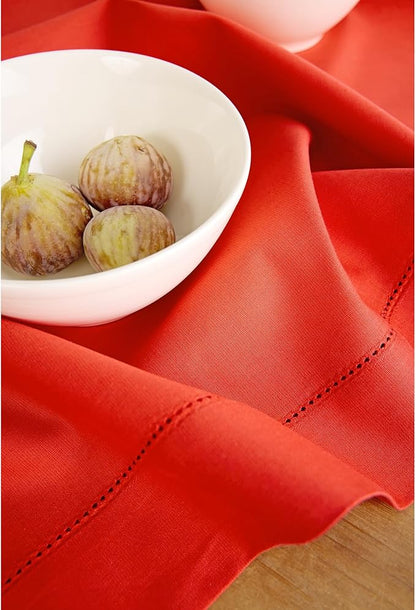 Solino Home Cotton Linen Poppy Red Table Runner 72 Inches Long - Hemstitch Table Runner 14 x 72 Inch for Dresser, Dining, Valentines