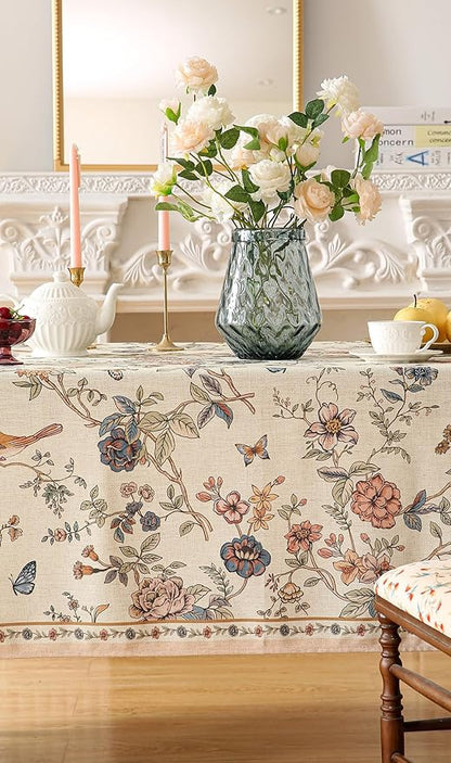 ISAENNE Designer French Light Beige Long Tablecloth Rectangle,Linen Florals and Birds Pattern Table Cloth,Anti-Wrinkle Decorative Tablecloths for Dining Thanksgiving Kitchen,63"*102"-Cornucopia