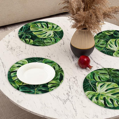 Faux Leather Placemats Set of 4,Tropical Green Leaves Ding Table Round Placemat Easy to Clean Heat-Resistant Waterproof Non-Slip Place Mats Kitchen Living Room Decoration,13inch