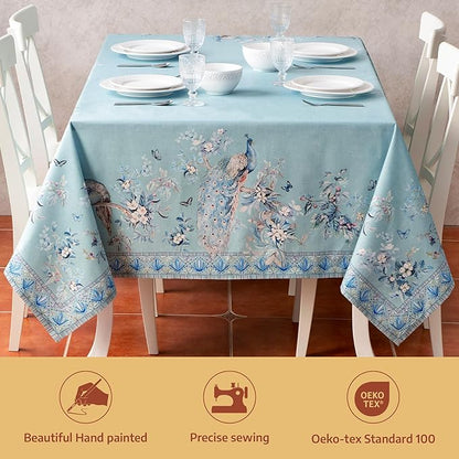 Maison d' Hermine Premium Table Cloth Rectangle Table 100% Combed Cotton 108 x 70 Inches Tablecloth Reusable Decorative for Dining Room Home Party Festive Wedding - Peacock Utopia - Pastel Turquoise