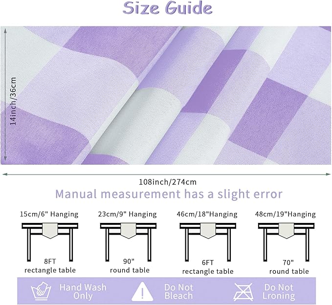 Fabric Checkered Table Runner 1 Pack Waterproof Gingham Table Runner 14W x 108L Buffalo Check Table Runners for Parties Kitchen Dining Wedding Banquet (Lavender and White)