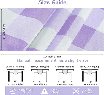 Fabric Checkered Table Runner 1 Pack Waterproof Gingham Table Runner 14W x 108L Buffalo Check Table Runners for Parties Kitchen Dining Wedding Banquet (Lavender and White)