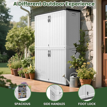 Greesum Outdoor Storage Cabinet Without Shelves, 45 cu.ft Outdoor Waterproof Storage Shed for Garden Tools, Pool Storage, Garbage Cans, White