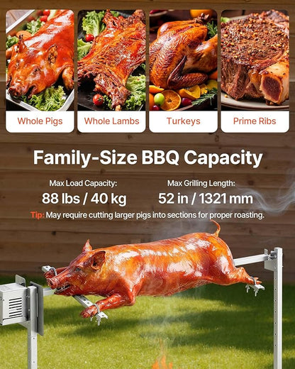 VEVOR Rotisserie Grill, 52in Electric Rotisserie Grill Kit 8 Level Height, BBQ Grills Rotisseries Kit with 88 lbs Load Capacity, Asador de Puerco, Stainless Steel Automatic Grilling Kits for Parties