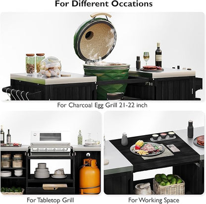 66.5" Outdoor Kitchen Island with Stainless Steel Top for Big Green Egg, Rolling Grill Cart with Adjustable Shelves, Lockable Wheels, Outdoor Table and Bar Storage Cabinet for Patio