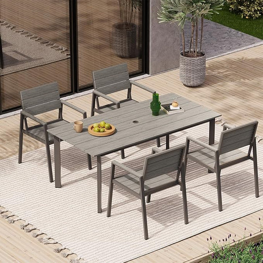 Outdoor Dining Set for 4, Patio Table and Chairs Set with Umbrella Hole, 5 Pieces HDPS + Aluminum Outdoor Furniture Sets for Patio, Garden (Gray)