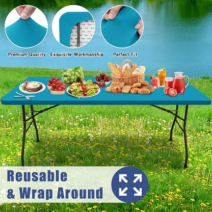 Spandex 6 Foot Rectangle Table Cloth 6 Pack, Elastic Fitted Tablecloths for Picnic, Stretch Washable Patio Table Cover for Outdoor, Camping, Banquet and Parties (Teal, 30"x72")