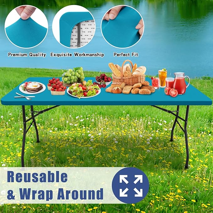 Spandex 4 Foot Rectangle Table Cloth 6 Pack, Elastic Fitted Tablecloths for Picnic, Stretch Washable Patio Table Cover for Outdoor, Camping, Banquet and Parties (Teal, 30"x48")