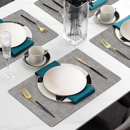 Faux Leather Heat Resistant Placemats Set of 6 – Waterproof Oilproof Wipeable Dining PU Place Mat Easy Clean Table Mats for Kitchen/Dining/Party/Holiday, Light Grey