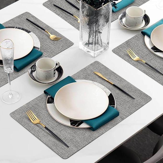 Faux Leather Heat Resistant Placemats Set of 4 – Waterproof Oilproof Wipeable Dining PU Place Mat Easy Clean Table Mats for Kitchen/Dining/Party/Holiday, Light Grey