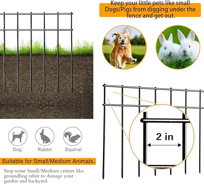 Adavin Small/Medium Animal Barrier Fence 20 Pack 20 in(L) X 10 in(H) Underground Decorative Garden Fencing, Dog Rabbits Fences Black Metal Fence Panel Ground Stakes for Outdoor Patio. Total 33.5 Ft