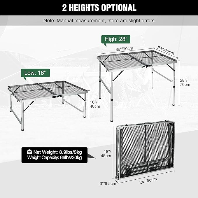 RedSwing Portable Grill Table for Outside, Aluminum Folding Grill Stand Table for Outdoor Camping Picnic BBQ, Lightweight Adjustable Height, 36"x24"x15"/28" Sliver