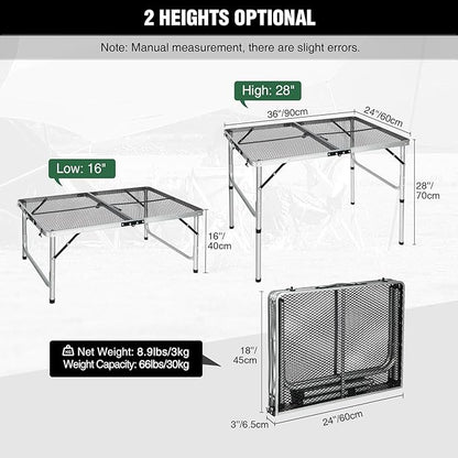 RedSwing Portable Grill Table for Outside, Aluminum Folding Grill Stand Table for Outdoor Camping Picnic BBQ, Lightweight Adjustable Height, 36"x24"x15"/28" Sliver