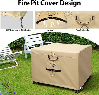 738N Max Tension, Gas Fire Pit Cover Square, Fits for 29/30/31/32 Inch, 600D Upgraded Extra Dense Heavy Duty Fabric, Waterproof, Tear Resistant, Outdoor Fire Table Cover, 32''L x 32''W x 24''H -Beige