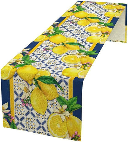 Yellow Lemon Table Runner, Spring Summer Seasonal Blue Tiles Watercolor Lemon Table Runner for Farmhouse Kitchen Indoor Outdoor Party Decor, 13x120inch