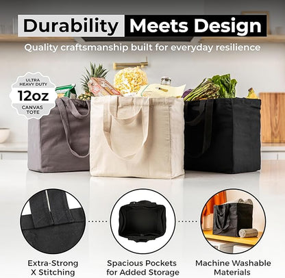 VeraMia Canvas Grocery Bag 3pc XL Set with Real Pockets, Long Shoulder Strap and Short Handle. Heavy Duty, Foldable, Washable