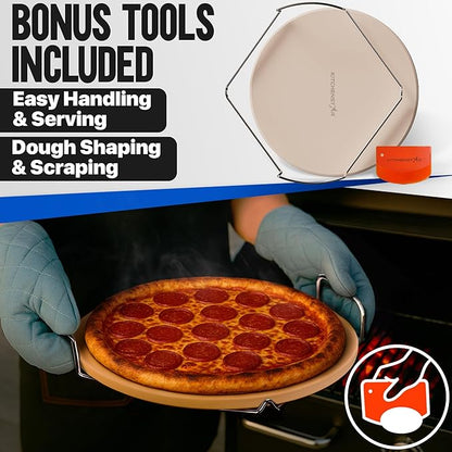 KitchenStar 16-inch Pizza Stone for Oven and BBQ Grill with Handles, Round, 5/8" Thick - Natural Cordierite, 1800 °F Resistant, Baking Stone Set with Stainless Steel Rack & Plastic Scraper Tool