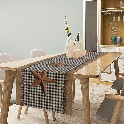 Rustic Star Table Runner, Vintage Wood Barn Black Grid Western Texas Farmhouse Country Print Table Runner for Home Party Patio Indoor Outdoor, 13x90inch