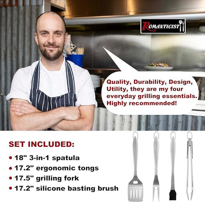 ROMANTICIST 4pcs Heavy Duty Grill Accessories for Top Chef - Professional Grill Tool Set & Basic BBQ Tools for Backyard Restaurant Outdoor Kitchen - Deluxe Grill Gift for Dad on Father’s Day Christmas