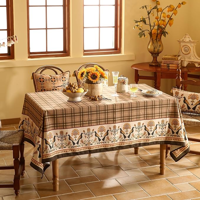 Vintage Brown Checkered Rectangle Tablecloth,Italian Floral Linen Wrinkle Resistant Table Cloth,Decor Table Cover for Kitchen,Dining,Thanksgiving,Christmas,Tea Party,55"*87"-Seville