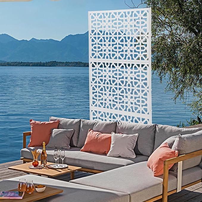Outdoor Metal Privacy Screen with Stand, 35.4" W x 75" H Freestanding Metal Slatted Decorative Privacy Screen and Panels for Patio Garden Balcony Porch (White Polygonal)