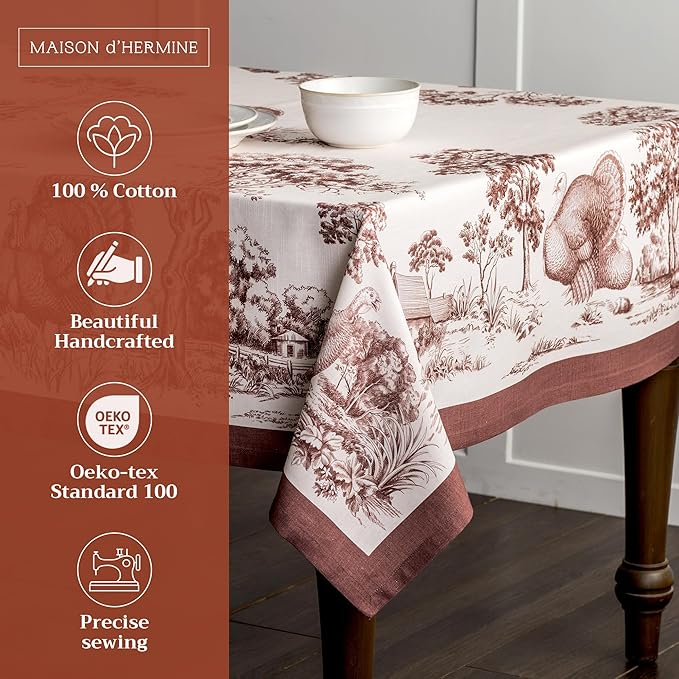 Maison d' Hermine Table Cloth Rectangle Table 100% Cotton 54 x 72 Inches Fall Tablecloth Reusable Everyday Use for Thanksgiving Christmas Decorations Dining Farmhouse Party (Holy Jouy - Brown)