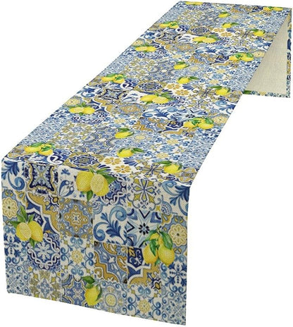 Farmhouse Rustic Lemon Table Runner,Vintage Morocco Blue Tiles Mediterranean Summer Fruit Print Table Runner for Kitchen Dining Table Home Party Decor 13x36in