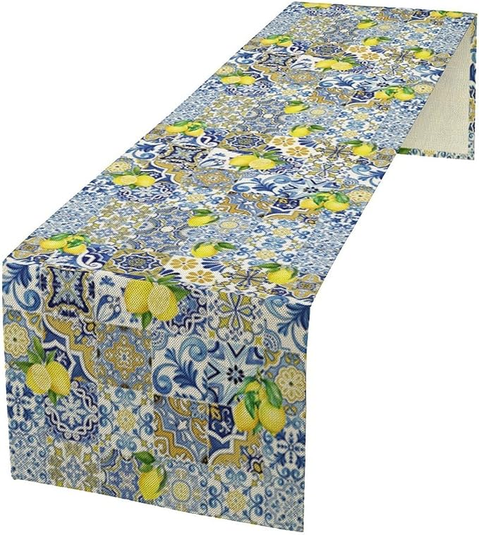 Farmhouse Rustic Lemon Table Runner,Vintage Morocco Blue Tiles Mediterranean Summer Fruit Print Table Runner for Kitchen Dining Table Home Party Decor 13x90in