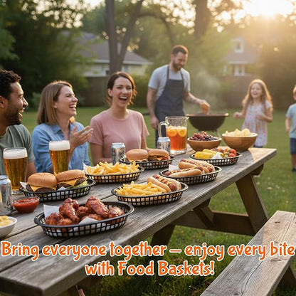 Fast Food Baskets 16-Pack, 10 x 6 Inch Plastic Oval Serving Baskets for Burgers, Bread, Fries & Sandwiches, Restaurant Diner Cafeteria Food Truck Party Use, Reusable&Stackable(Black)