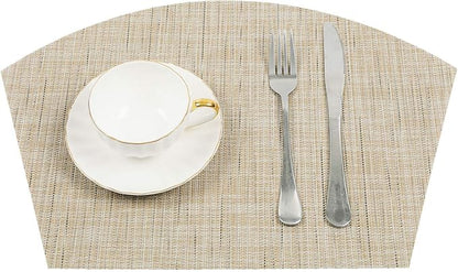 SHACOS Small Round Table Placemats Wedge Placemat Set of 4 Non Slip Heat Resistant Woven Vinyl Table Mats Wipe Clean Indoor Outdoor (4, Beige Yellow)
