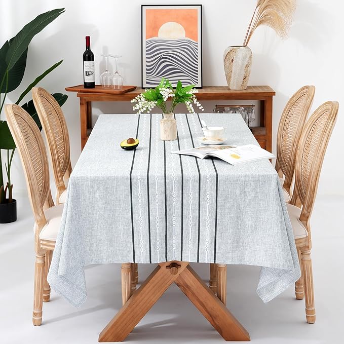 Chassic 60 x 60 inches Farmhouse Style Linen tablecloths, Wrinkle Resistant Washable Dining Room Table Cloths for Square Tables - Striped Grey