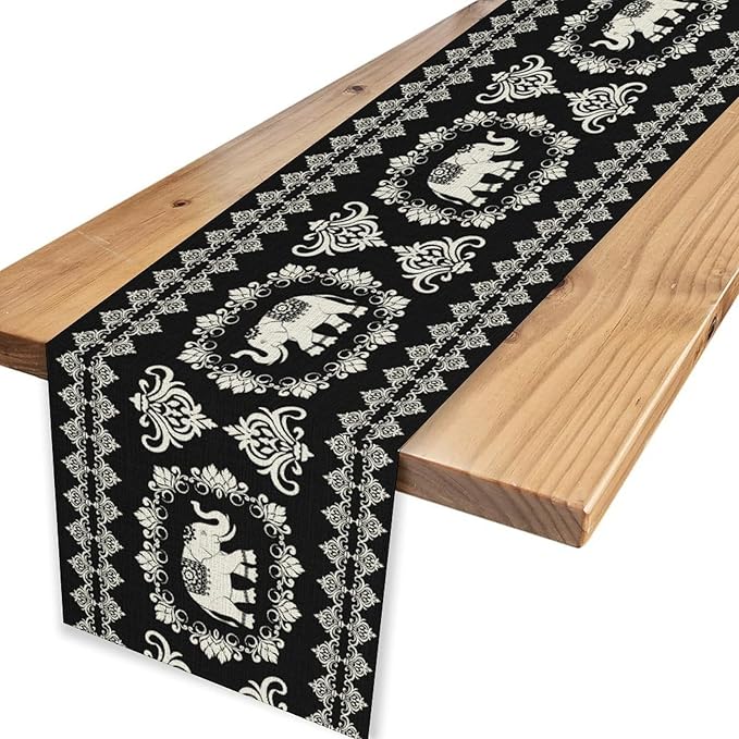 Boho Elephant Table Runner, Rustic Black African Tribe Animal Damask Diwali India Mandala Art Print Coffee Table Center Decor for Home Kitchen Holiday Party Outdoor Table Decorations, 13"x108"