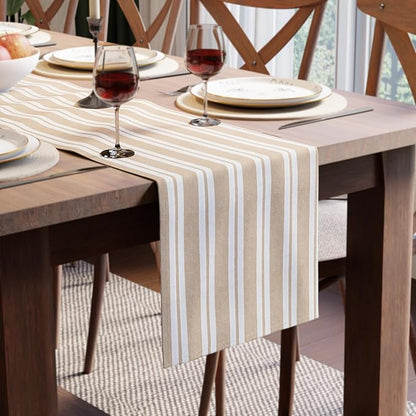 Encasa XO Cotton Dining Table Runner | Franca Beige Stripes | Size 13x104 in - Machine Washable & Durable