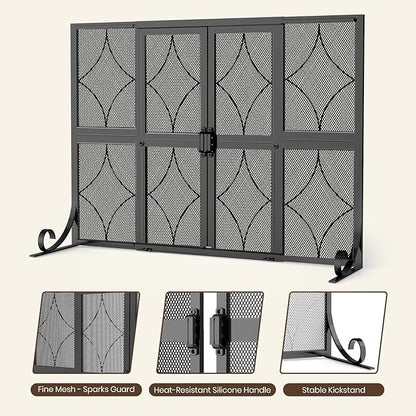 Fireplace Screen with Sliding Doors, 37.8" W x 30.7" H Modern Wrought Iron Spark Guard Cover for Christmas Decorative, Baby and Pet Proof, Large