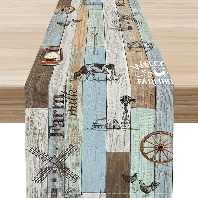 Farmhouse Cow Table Runner, Rustic Blue Wooden Animals Rooster Chicken Summer Spring Coffee Table Center Decor for Home Kitchen Dining Patio Holiday Party Country Outdoor Table Decorations, 13"x90"