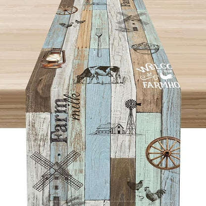 Farmhouse Cow Table Runner, Rustic Blue Wooden Animals Rooster Chicken Summer Spring Coffee Table Center Decor for Home Kitchen Dining Patio Holiday Party Country Outdoor Table Decorations, 13"x90"