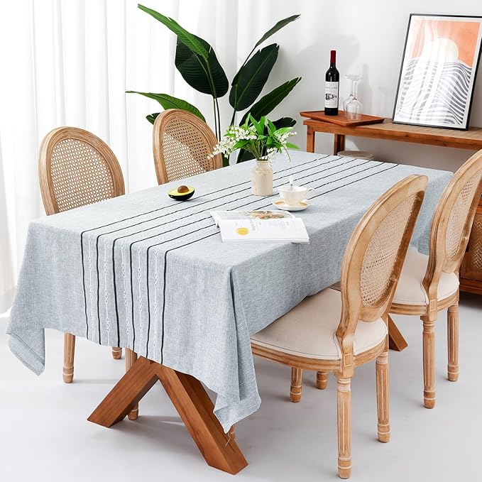 Chassic 60 x 120 inches Farmhouse Style Linen tablecloths, Boho 8 Foot Long Wrinkle Resistant Washable Rectangle Table Cloth for Dining Room, Kitchen, Wedding and Holiday Decorative - Striped Grey